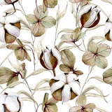 Fototapeta Kwiaty - watercolor seamless pattern with dry leaves and flowers of hydrangea and cotton. vintage pattern on the theme of autumn, plants in natural brown colors isolated on white background