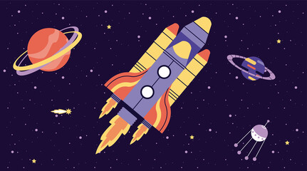 Poster - rocket flying and planets space scene