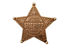 Law And Justice In The Wild West, American Western Culture And Legal Authority Concept With Picture Of Metal Sheriff Badge Isolated On White Background With Clipping Path Cutout