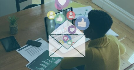 Poster - Animation of envelope and social media icons over woman using laptop on video call