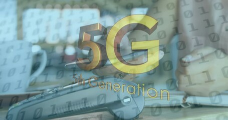 Poster - Animation of 5g 5th generation text over woman paying with smartphone