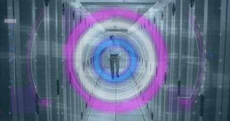 Aufkleber - Animation of scope scanning over man checking computer servers in background