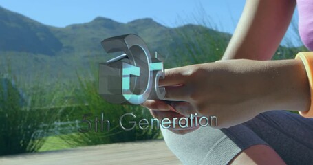 Poster - Animation of 5g 5th generation text with globe spinning over woman using smartphone