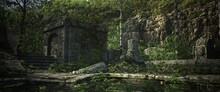 The Ruins Of An Old Abandoned Temple Overgrown With Green Vegetation. Stone Sacred Temple. Beautiful Authentic Landscape. Photorealitic 3D Illustration.