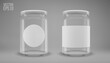 A set of glass jam jars with lids. A transparent jar with a white lid and labels. Realistic 3D illustration. Vector