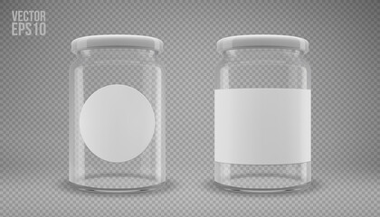 A set of glass jam jars with lids. A transparent jar with a white lid and labels. Realistic 3D illustration. Vector