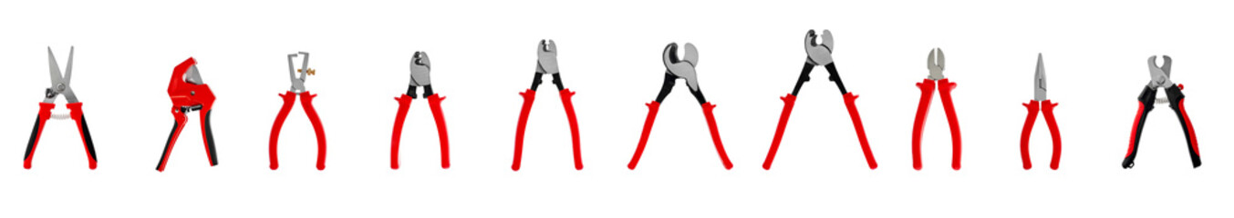 various types of pliers. tools with a red handle