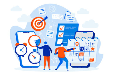 Poster - Mobile organizer web design with people characters. People use mobile organizer app scene. Work tasks management composition in flat style. Vector illustration for social media promotional materials.