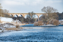 Roxburgh Viaduct Over The Teviot River In Winter Snow, Scottish Borders