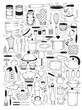 Cooking classes and Kitchen utensil set, cooking stuff for menu decoration. Vector collection of isolated objects. Icons in sketch style. Hand drawn kitchenware and cutlery on white background