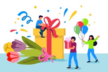 Festive design Tiny people celebrate on the background of a large box with gifts and balloons of bouquets of flowers Holiday banner, web poster, flyer, stylish brochure, greeting card, cover Vector il