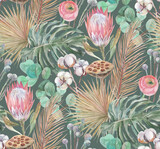 delicate watercolor seamless pattern with tropical dried flowers and palm and monstera leaves on a green background for textiles and surface design