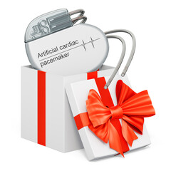 Poster - artificial cardiac pacemaker inside gift box, present concept. 3d rendering
