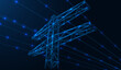 High-voltage power line. The tower with its lines of electric current. A low-poly construction of lines and dots. Blue background.