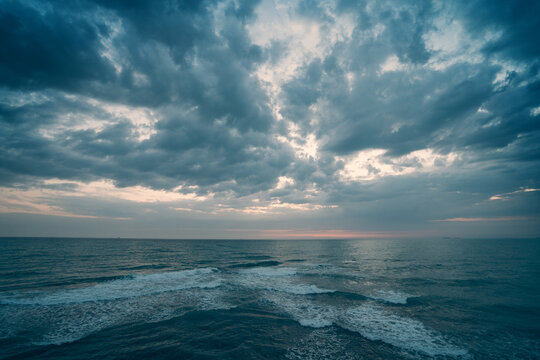 Ocean Dramatic Seascape Panorama in cloudy day, endless sea view till horizon.