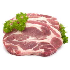 Wall Mural - Raw pork neck chop meat with parsley herb leaves garnish isolated on white background cutout