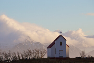 Poster - Iceland, Hofn. Church atop hill.