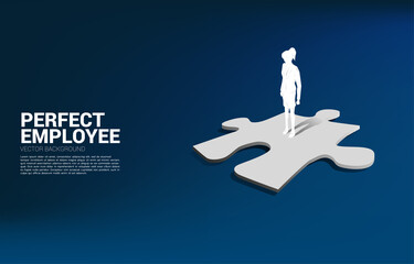 Poster - Silhouette of businesswoman standing on jigsaw piece. Concept of perfect recruitment. Human Resource. put the right man on the right job.