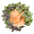 Round wooden cutting board with spoon. Various sweet basil herb leaves edged.. Healthy food concept. Top view.