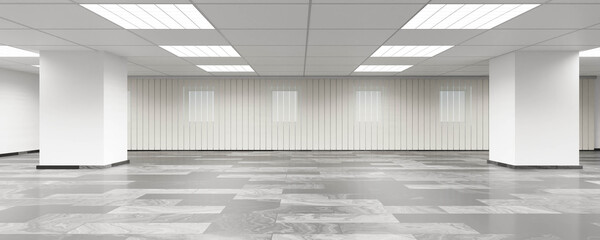 Poster - empty white office with modern design and classic pillards with stone tiled floor 3d render illustra