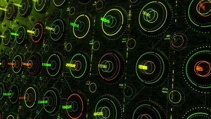 Poster - Abstract digital background made of different colorful shapes with rotating elements elements and digits. Animation. Concept of digital data processing. 