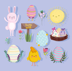 Wall Mural - cute easter, bunny chicken flower eggs cartoon icon set