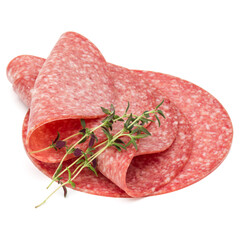 Wall Mural - Salami smoked sausage slices isolated on white background