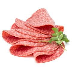 Wall Mural - Salami smoked sausage slices isolated on white background