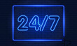Open 24 to 7 Hours Neon Light on Brick Wall. Vector Illustration. 24 Hours Night Club. Bar Neon Sign. Blue. Vector