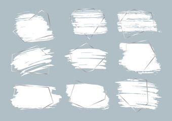 Poster - Set of different hand drawn ink brush strokes with silver frame. Stamp label for artistic design. Grunge texture, dirty banners and text boxes. Abstract lines white paint. Isolated vector illustration