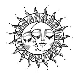 Wall Mural - heavenly sun and crescent moon with face, hand drawn engraving graphic stylization. astrological vec