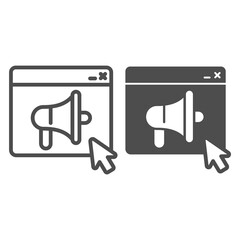 Poster - program window and loudspeaker line and solid icon, web security concept, web site and megaphone sig