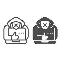 Poster - Hacker with a laptop line and solid icon, web security concept, anonymous agent with thumb up and laptop sign on white background, Computer hacker icon in outline style. Vector graphics.