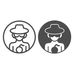Poster - hacker with bomb line and solid icon, web security concept, hacker and ransomware malware sign on wh