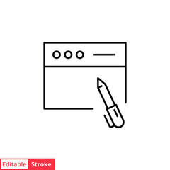 Poster - Write blog line icon. Web page with pen, simple outline style. Testimonials and customer relationship management concept. Vector illustration isolated on white background. Editable stroke EPS 10. 