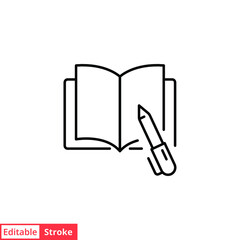 Poster - Open book with pen line icon. Testimonials and customer relationship management concept. Simple outline style. Vector illustration isolated on white background. Editable stroke EPS 10. 