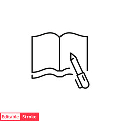Poster - Open book with pen line icon. Testimonials and customer relationship management concept. Simple outline style. Vector illustration isolated on white background. Editable stroke EPS 10. 