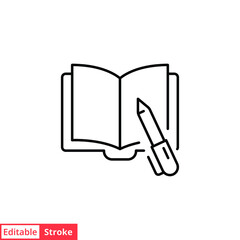 Poster - Open book with pen line icon. Testimonials and customer relationship management concept. Simple outline style. Vector illustration isolated on white background. Editable stroke EPS 10. 