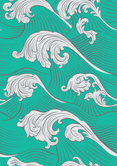 Abstract vintage decorative filigree sea waves. Baroque victorian meets Japanese style art. Ornament leaves scroll, oriental ocean waves, and splashes. Modern seamless pattern, ready to use vector