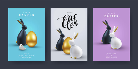 Aufkleber - Easter Set of greeting cards, holiday covers, posters, flyers design in 3d realistic style with golden egg and black and white rabbit. Modern minimal design for social media, sale, advertisement, web