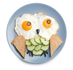 Creative breakfast for children with eggs, toasts and fresh vegetables on white background