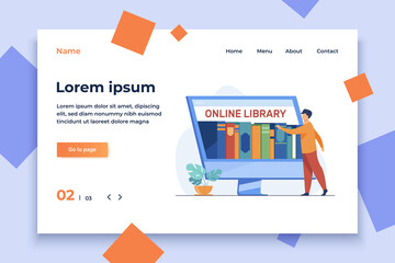 Poster - tiny man choosing book in online library. screen, internet, network flat vector illustration. digita