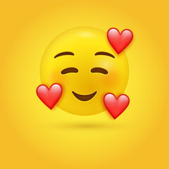 Wall Mural - 3 hearts emoji - Smiling Face with Smiling Eyes and Three Hearts - In Love Face emoticon - 3d loving emotion