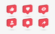 Social media notification icons in 3d speech bubbles like love comment share follower seen icon