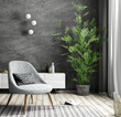 Gray armchair over black wall, interior of modern living room, home design 3d rendering