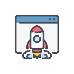 Poster - Startup and Website launch color line icon. Web page with rocket vector outline colorful sign.