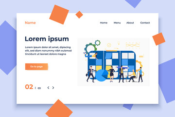 Poster - Professionals working in office. People holding pencil, working on laptop, sticking notes. Business concept. Vector illustration can be used for topics like team, teamwork, scrum meeting