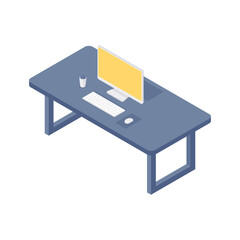 Poster - Cartoon table with monitor and keyboard. Isometric illustration