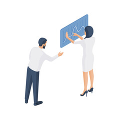 Poster - Cartoon colleagues analyzing financial graph. Isometric illustration