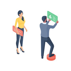Poster - Cartoon colleagues with digital devices working in office. Isometric illustration